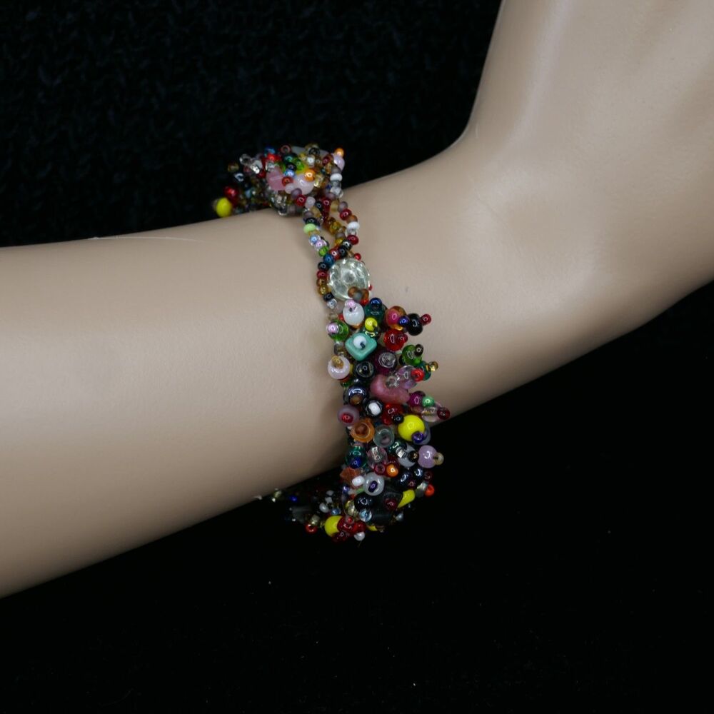 Beaded Confetti Cluster Cuff Bracelet Toggle Multi Color Glass Boho 7-8 inch - Picture 3 of 5